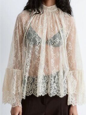 Forever 21 long-sleeve, sheer cream lace blouse M